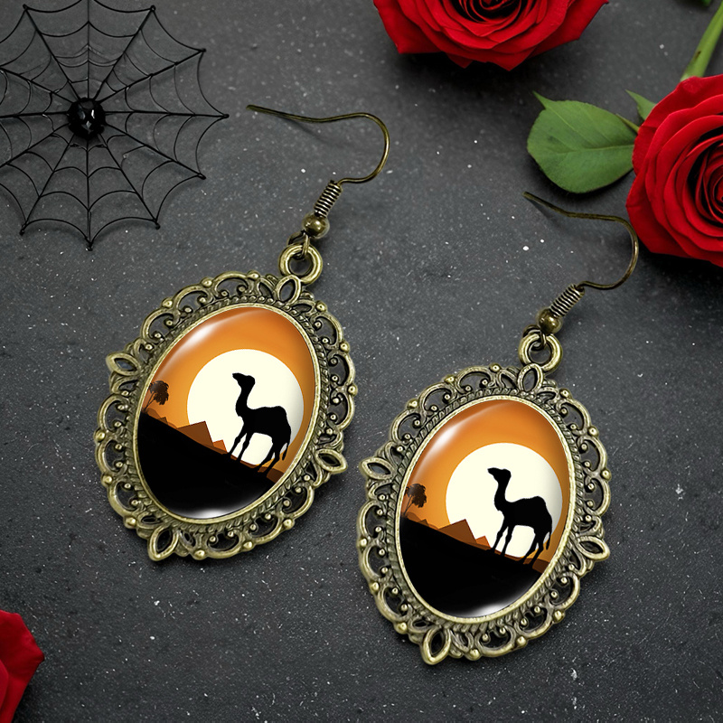 Camel Pyramid Desert Sunset Landscape Glass Dangle Earrings